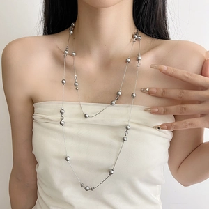 Vintage Multi-Layer Long Alloy Imitation Gray Artificial Pearl Necklace Sweater Chain Elegant Minimalist Jewelry For Women