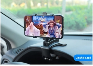Universal car phone holder mounted on dashboard with flexible 360 rotation clip