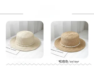 Flat top straw hat with pearl chain detail in cream and mocha brown colors