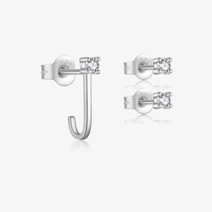 925 Sterling Silver Minimalist J Hook Stud Earrings Set For Women Round Rhinestone Geometric Fashion Jewelry