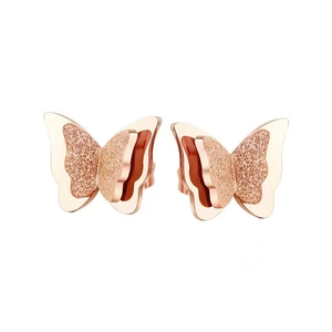 Elegant rose gold butterfly earrings with multi-layered wings and frosted finish