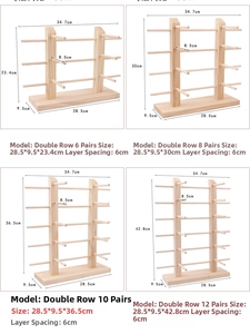 Size chart showing dimensions for wooden double-row eyewear display stands with 6 to 12 tiers