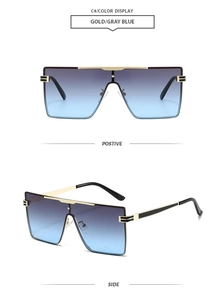 Detail view of gold metal square sunglasses with gray-blue gradient lenses in two angles