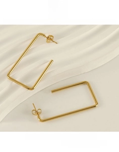 Close-up of polished 18K gold plated stainless steel geometric rectangle hoop earrings
