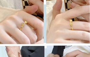 Macro shot of 18K gold bow ring with fine metallic texture and delicate band design