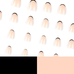 Short oval press-on nails with nude pink base and thin black French tips display