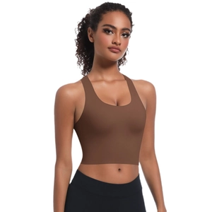 Soutien-gorge de sport rembourré sans couture marron chocolat avec dos croisé sexy