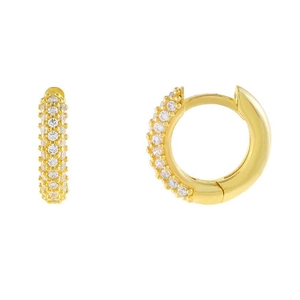 Fashionable 18K gold-plated hoop earrings featuring three rows of micro-pave white zircons