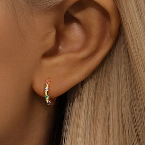 Detail of gold huggie hoop earring with rainbow zircon stones worn by a model