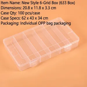 Clear 6-compartment PP plastic storage box with size 20.8x11.8x3.3cm for tools
