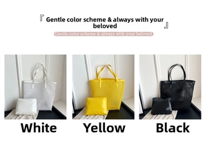 Three-piece set of mesh tote bags with matching leather pouches in white yellow and black