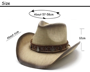 Detailed size chart for straw cowboy hat with 58cm circumference and 8cm brim width