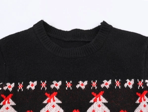 Close-up of crew neckline and Christmas snowflake jacquard pattern on knitted sweater