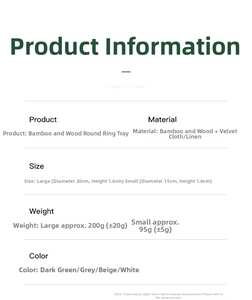 Bamboo round jewelry tray specifications showing sizes and materials in multiple colors