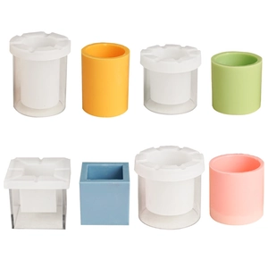 Colorful cylindrical and square candle molds with clear support brackets on white background