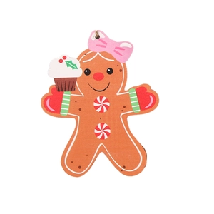 Wooden gingerbread girl Christmas ornament with pink bow and cupcake on white background