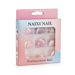 9-color box set of French glossy press-on nails in pink and blue gradient packaging