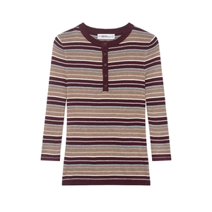 Women Striped Knit Sweater Henley Neck Long Sleeve Slim Fit Button Front Casual Soft Lightweight Pullover Top