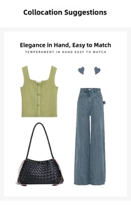 Black leather woven handbag styled with green knit top and denim jeans flat lay