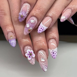 French Style Press On Nails Almond Shape Purple Gradient 3D Flower Artificial Pearl Decor Artificial False Nails For Women