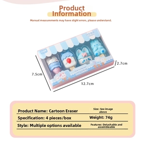 Detail view of cartoon dessert rabbit eraser set showing 4 pieces and box dimensions