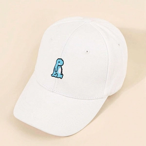 White cotton baseball cap with blue dinosaur embroidery for casual outdoor wear