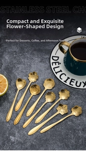 Detailed macro of golden stainless steel flower shaped coffee spoons in various designs