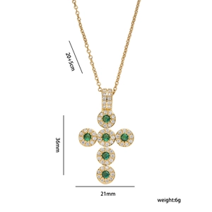 Gold cross necklace with green and white zircon, 36x21mm pendant, 20+5cm titanium steel chain
