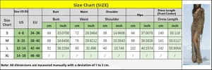 Detailed size chart for the leopard print chiffon maxi dress with measurements and model view