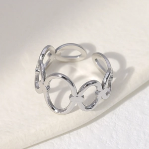 Adjustable silver stainless steel open ring with geometric chain pattern design