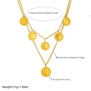 Double-layered gold coin pendant necklace with embossed portrait and size specifications