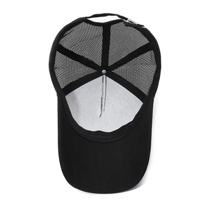 Classic black mesh trucker hat with breathable panels and adjustable metal buckle