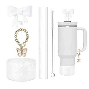 White Stanley cup accessories set with glitter silicone boot and butterfly chain pendant