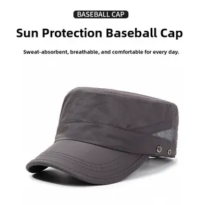 Detail of dark grey sunshade flat top cap showing breathable side mesh and metal buckle