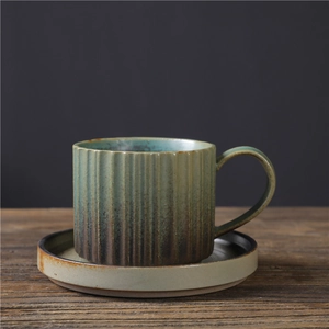 Service à café rétro japonais en céramique avec textures verticales et dégradé sarcelle