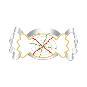 Detailed view of candy-shaped stainless steel cookie cutter with colorful texture lines
