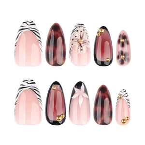 Autumn-winter 3D floral press-on nails with zebra stripes and amber texture