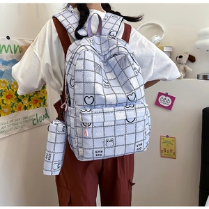 Lavender plaid school backpack with matching pencil case featuring a cute bunny design