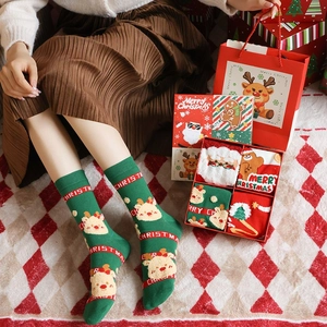 Combed cotton Christmas mid-tube socks gift box set with festive cartoon patterns