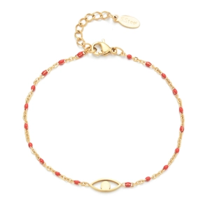 Detail of gold stainless steel chain bracelet with red beads and central evil eye charm