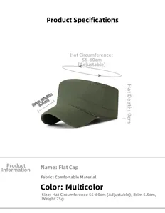 Size specifications for the army green cotton flat top hat with adjustable buckle strap