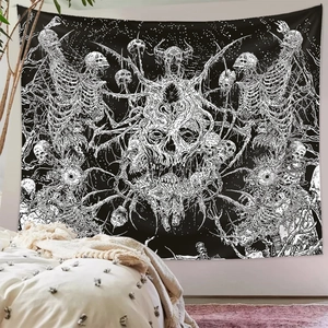 Black and white gothic skull tapestry with starry space background for bedroom decoration