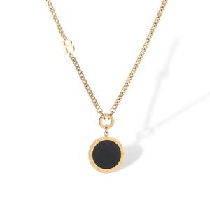 Gold plated titanium steel necklace with letter B pendant and black shell roman dial