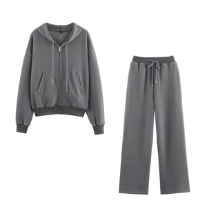 Women Casual Ribbed Polyester Hooded Sweatshirt Or Straight Leg Pants Solid Color Fall Fashion Top Bottom For Daily Wear