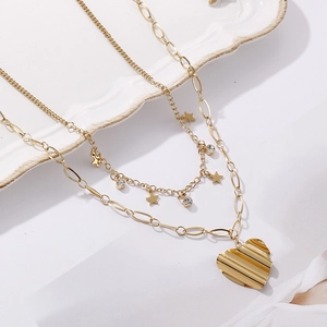 Collier Double Couche Acier Inoxydable Pendentif Cœur Irrégulier Charme Étoile Zircon Incrusté Bijoux Mode Pour Femmes
