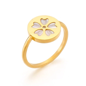 Cherry Blossom Ring Stainless Steel White Mother Of Artificial Pearl Flower Design Zircon Inlay Simple Fashion Jewelry For Women