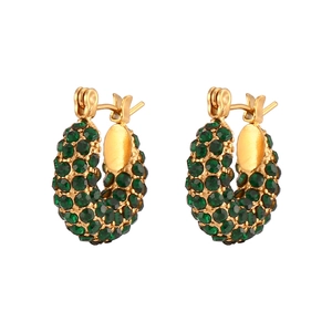 Luxurious 18K gold-plated hoop earrings featuring emerald green cubic zirconia stones