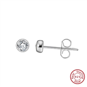 Detailed view of sterling silver stud earrings with 4A cubic zirconia on white background