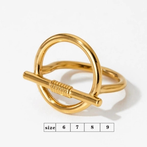 Detailed size guide for gold geometric rings showing sizes six to nine on white background
