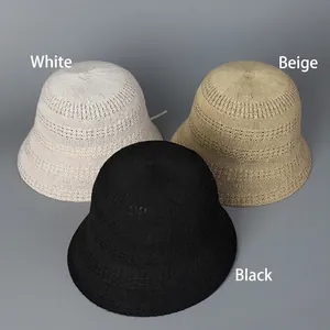 Three-color set of hollow knit bucket hats in white, beige, and black colors